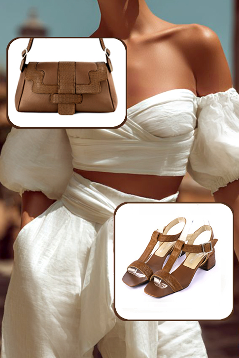 Women's caramel brown elegant fully open instep strap sandals. Square toe. Low flare heels - Worn view